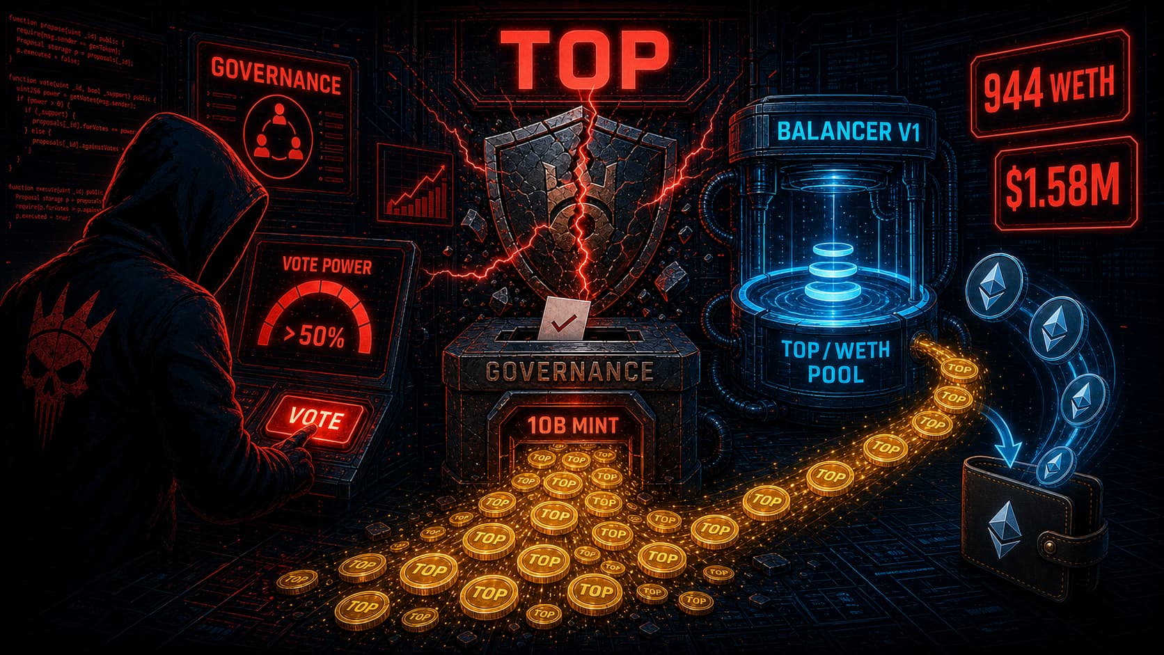 Token of Power TOP Governance Attack: 10B Mint Drains 944.2 WETH from Balancer V1